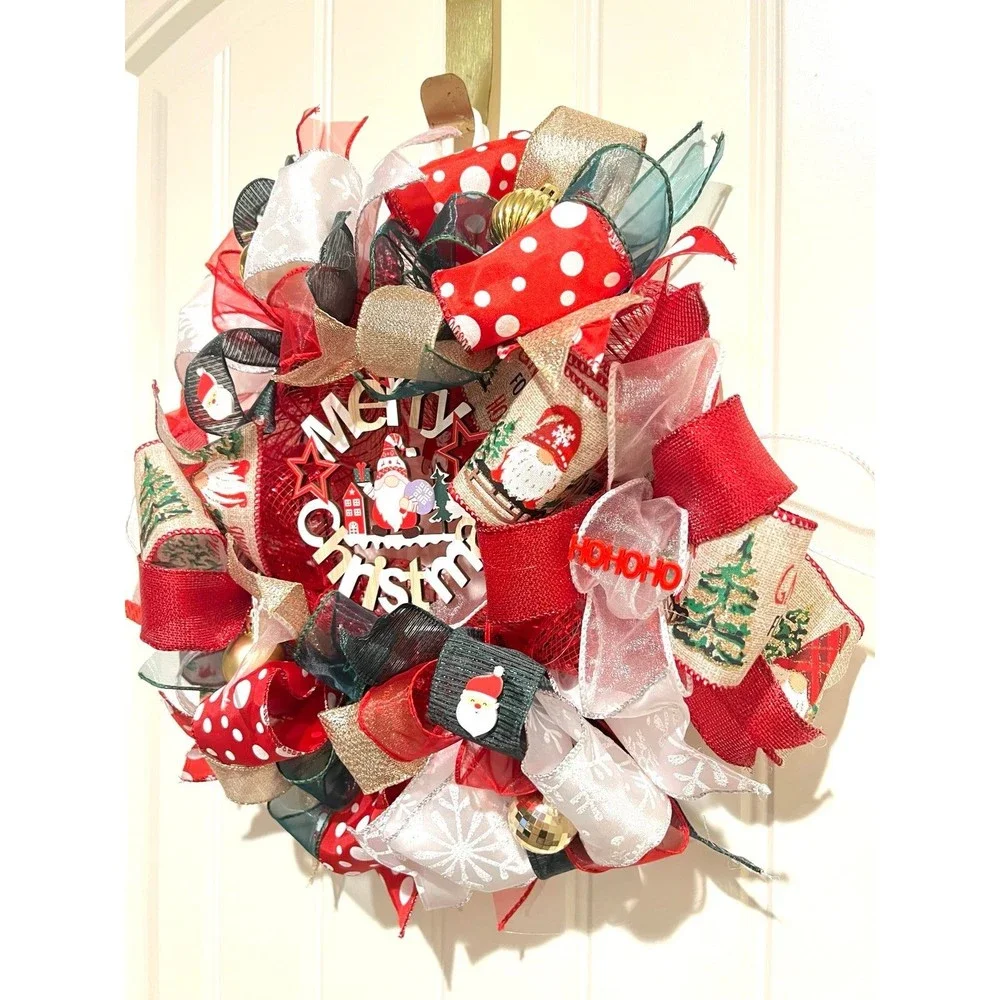 Handmade 13 inch Merry Christmas Gnome Ribbon Wreath MW4